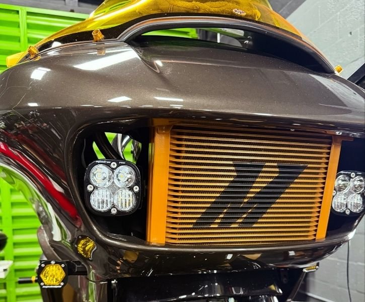 Custom motorcycle front end with performance lighting and fabrication work by Evolution Performance in New Braunfels TX